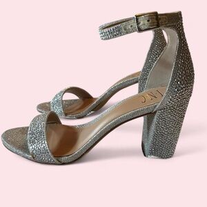 INC International Concepts Silver Rhinestone Block Heel Sandals with Ankle Strap